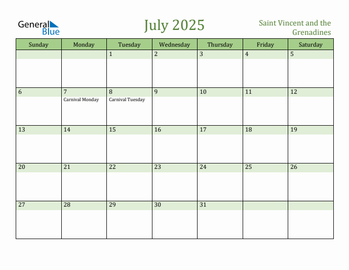 July 2025 Calendar with Saint Vincent and the Grenadines Holidays