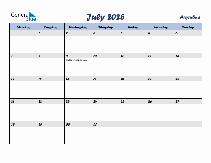 July 2025 Calendar with Holidays in Argentina