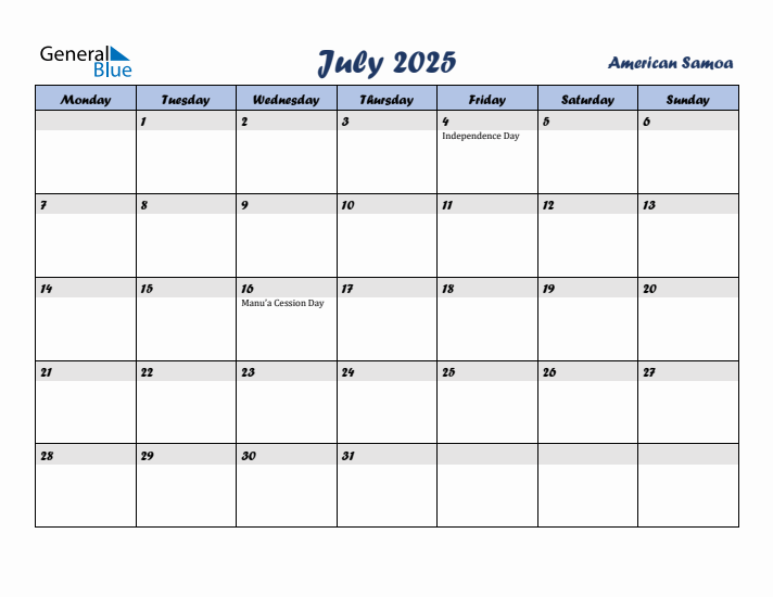 July 2025 Calendar with Holidays in American Samoa