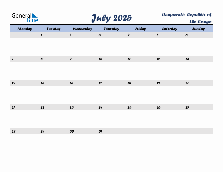 July 2025 Calendar with Holidays in Democratic Republic of the Congo