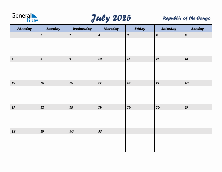 July 2025 Calendar with Holidays in Republic of the Congo