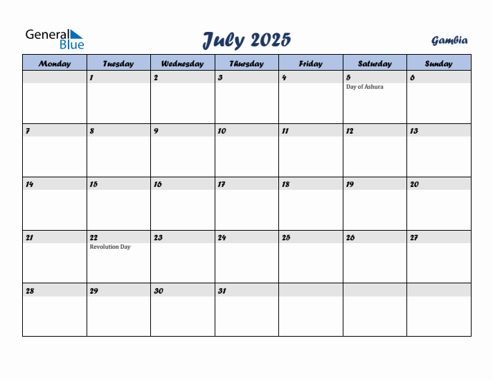 July 2025 Calendar with Holidays in Gambia
