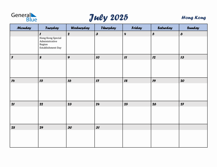July 2025 Calendar with Holidays in Hong Kong