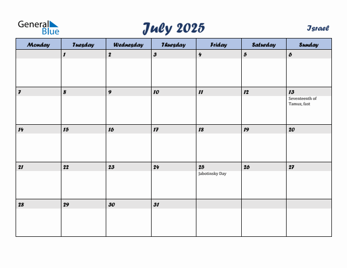 July 2025 Calendar with Holidays in Israel