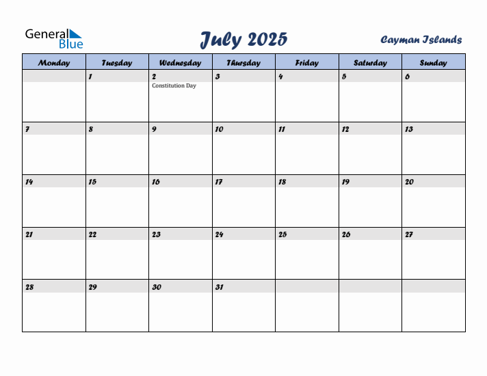 July 2025 Calendar with Holidays in Cayman Islands