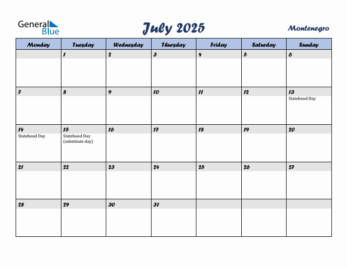 July 2025 Calendar with Holidays in Montenegro