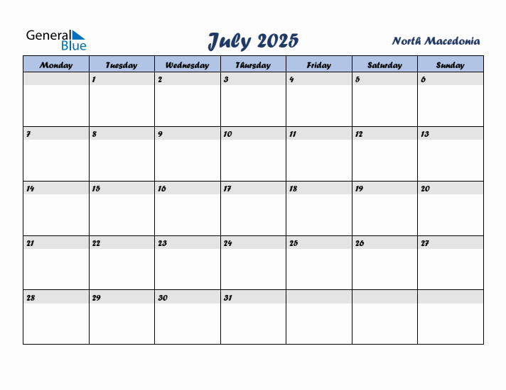 July 2025 Calendar with Holidays in North Macedonia