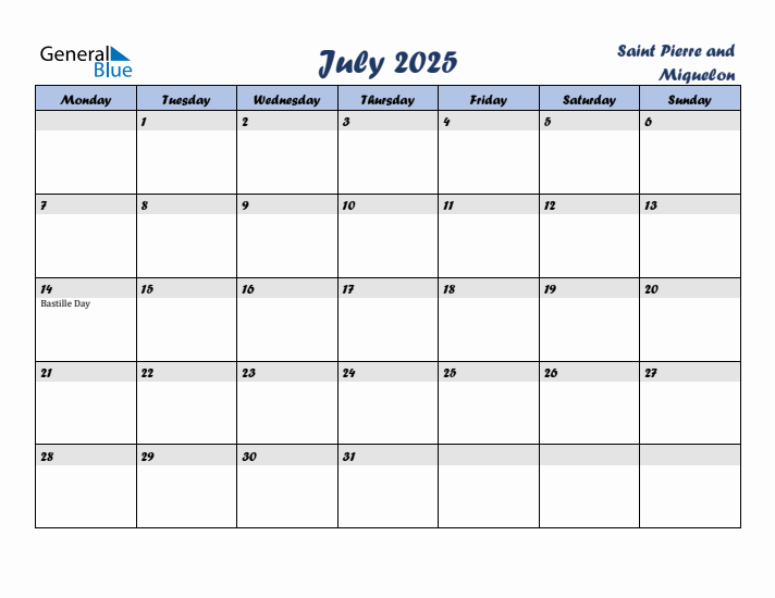 July 2025 Calendar with Holidays in Saint Pierre and Miquelon