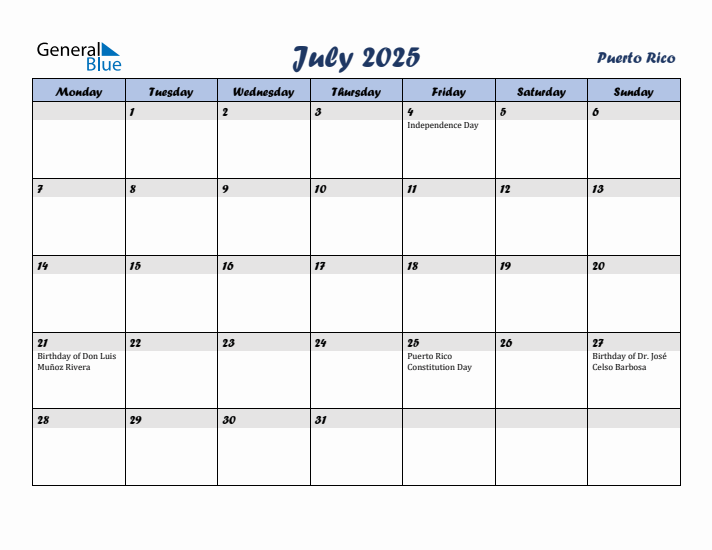 July 2025 Calendar with Holidays in Puerto Rico