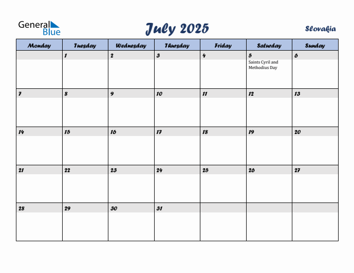 July 2025 Calendar with Holidays in Slovakia