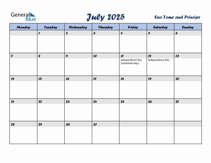July 2025 Calendar with Holidays in Sao Tome and Principe