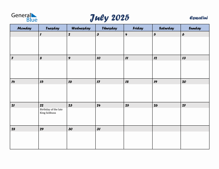 July 2025 Calendar with Holidays in Eswatini