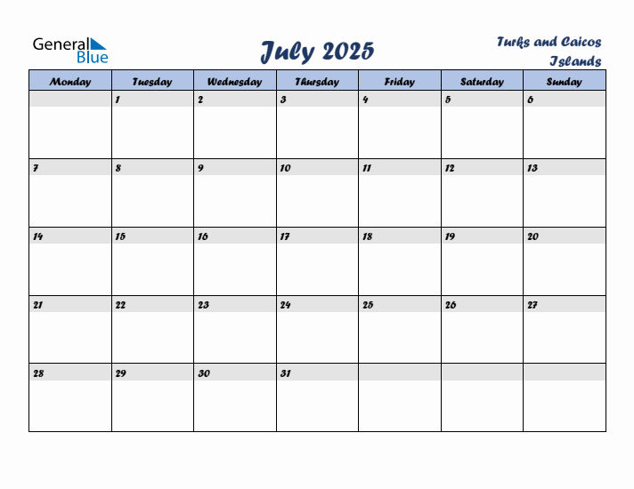 July 2025 Calendar with Holidays in Turks and Caicos Islands