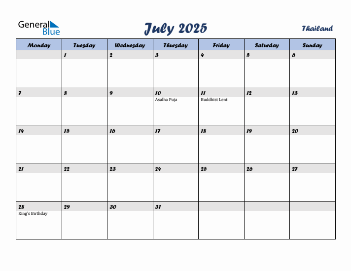 July 2025 Calendar with Holidays in Thailand