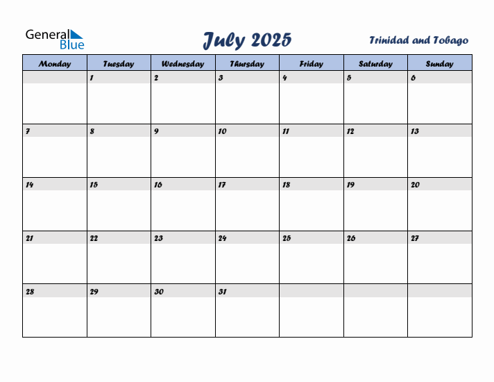 July 2025 Calendar with Holidays in Trinidad and Tobago