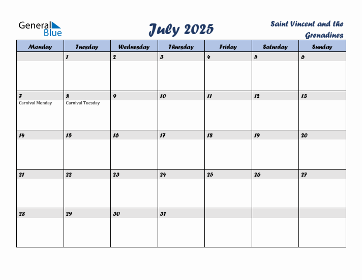 July 2025 Calendar with Holidays in Saint Vincent and the Grenadines