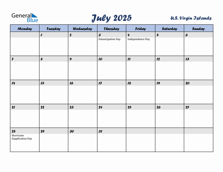 July 2025 Calendar with Holidays in U.S. Virgin Islands