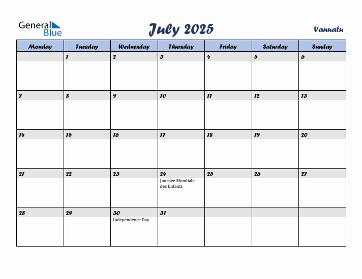 July 2025 Calendar with Holidays in Vanuatu