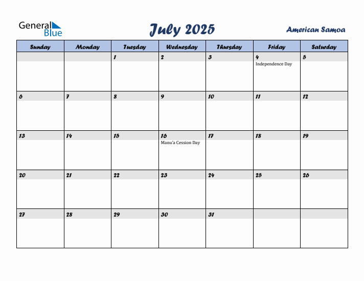 July 2025 Calendar with Holidays in American Samoa