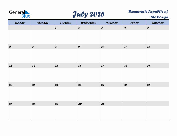 July 2025 Calendar with Holidays in Democratic Republic of the Congo