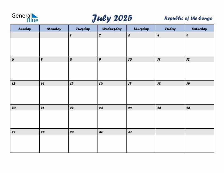 July 2025 Calendar with Holidays in Republic of the Congo
