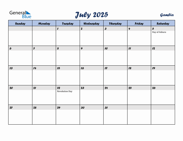 July 2025 Calendar with Holidays in Gambia