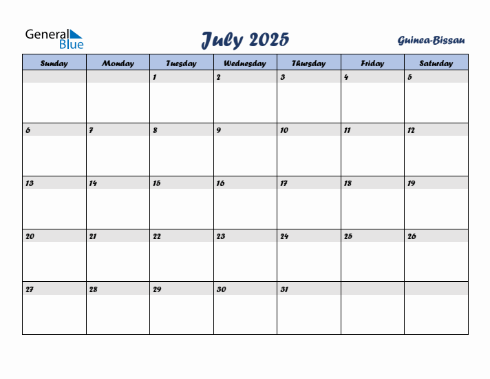 July 2025 Calendar with Holidays in Guinea-Bissau