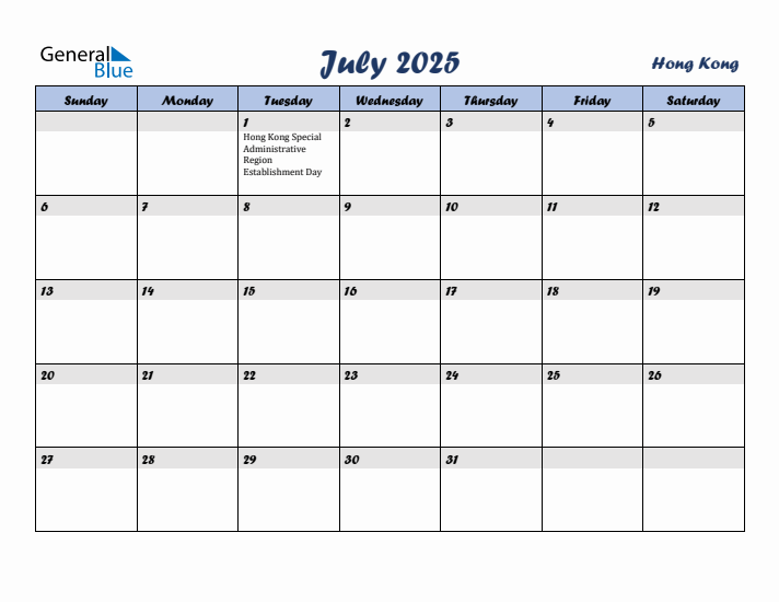 July 2025 Calendar with Holidays in Hong Kong