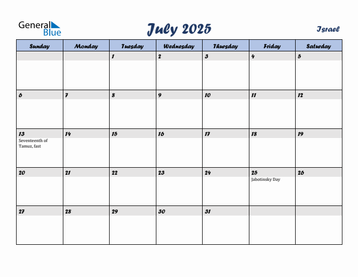 July 2025 Calendar with Holidays in Israel