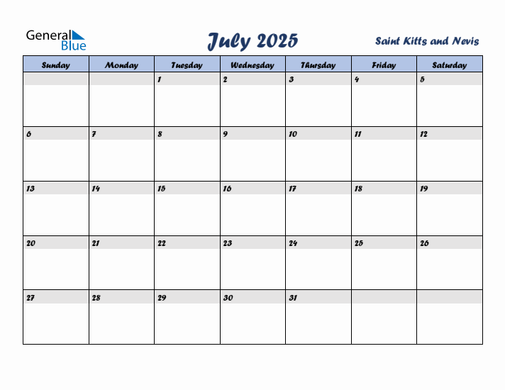 July 2025 Calendar with Holidays in Saint Kitts and Nevis