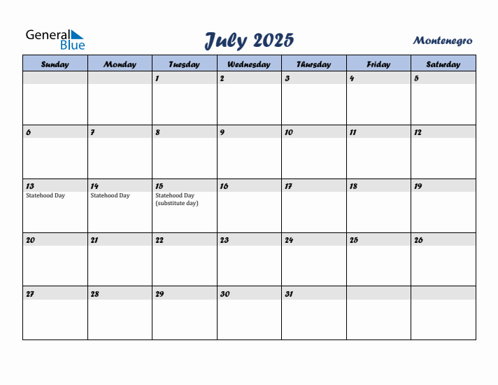 July 2025 Calendar with Holidays in Montenegro