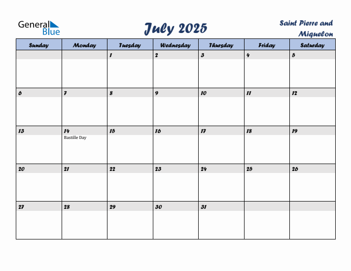 July 2025 Calendar with Holidays in Saint Pierre and Miquelon