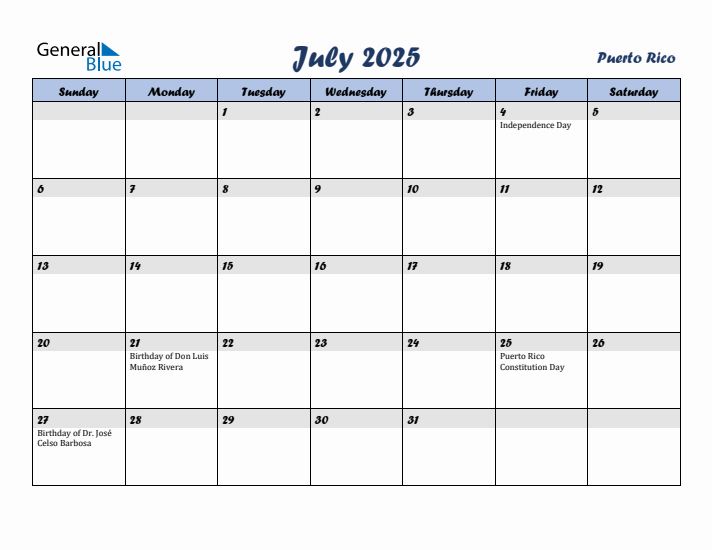 July 2025 Calendar with Holidays in Puerto Rico