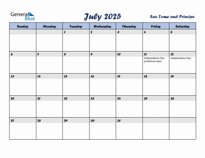July 2025 Calendar with Holidays in Sao Tome and Principe
