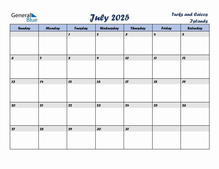 July 2025 Calendar with Holidays in Turks and Caicos Islands
