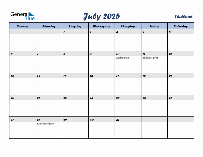 July 2025 Calendar with Holidays in Thailand
