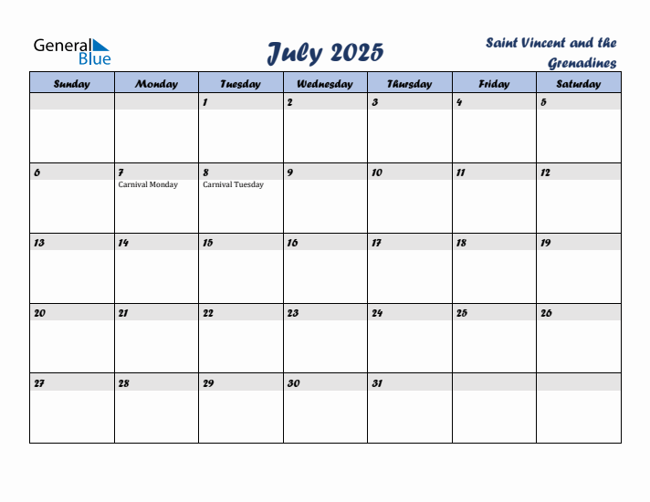 July 2025 Calendar with Holidays in Saint Vincent and the Grenadines