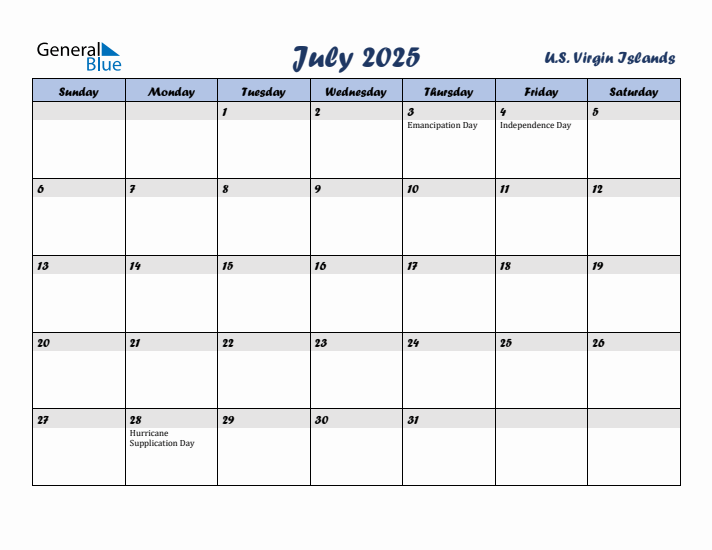 July 2025 Calendar with Holidays in U.S. Virgin Islands