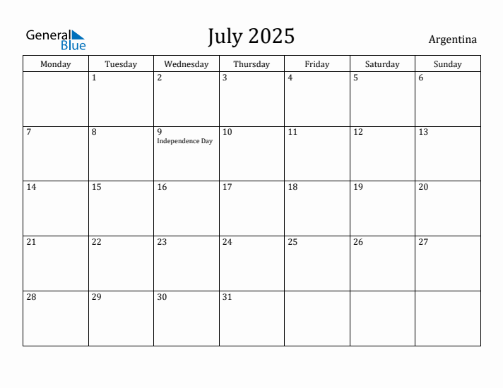 July 2025 Calendar Argentina