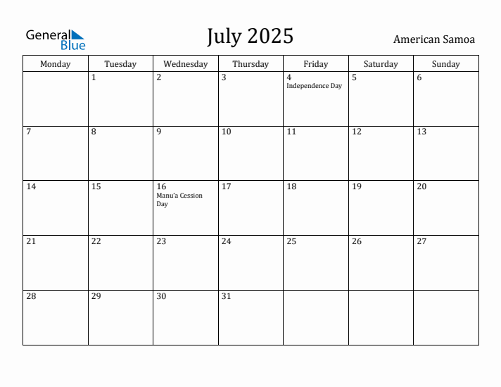 July 2025 Calendar American Samoa