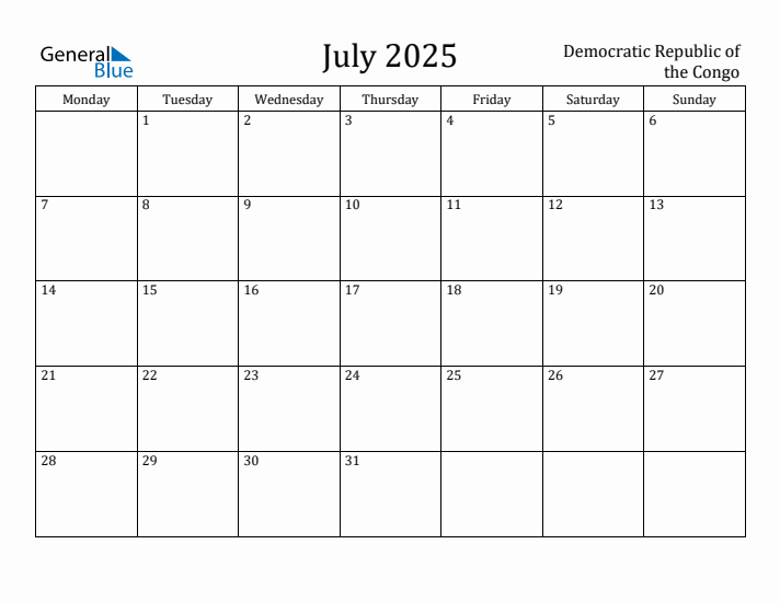 July 2025 Calendar Democratic Republic of the Congo