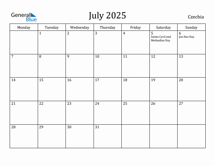 July 2025 Calendar Czechia