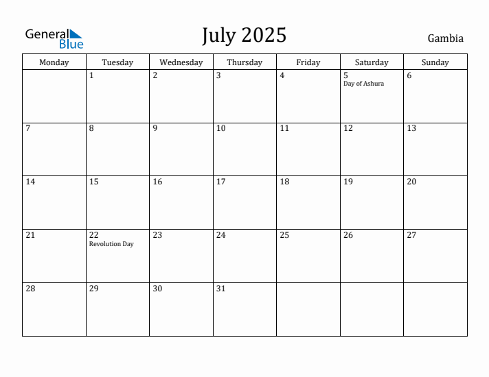 July 2025 Calendar Gambia