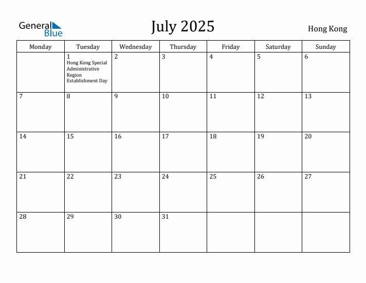 July 2025 Calendar Hong Kong