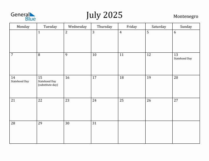 July 2025 Calendar Montenegro