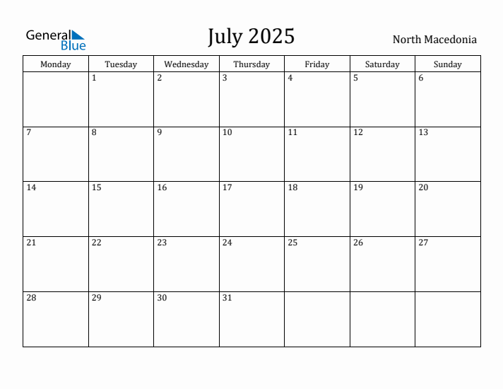 July 2025 Calendar North Macedonia