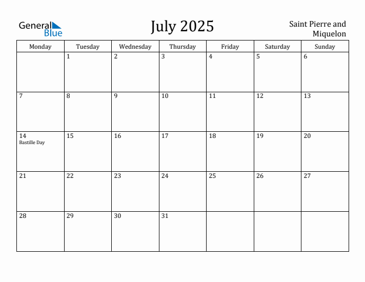 July 2025 Calendar Saint Pierre and Miquelon