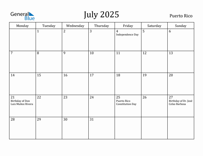 July 2025 Calendar Puerto Rico