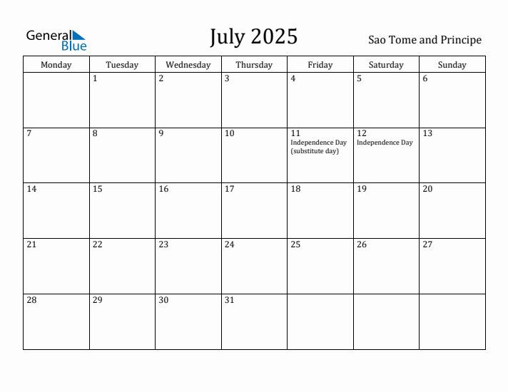 July 2025 Calendar Sao Tome and Principe