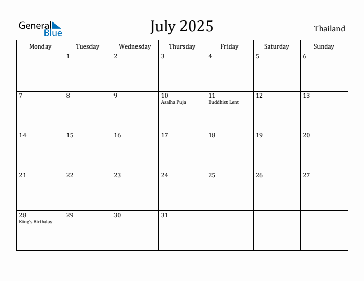 July 2025 Calendar Thailand